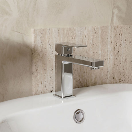 [BTC305] Milldale Contemporary Square Mono Basin Mixer Bathroom Sink Tap with Push Button Waste - Silo
