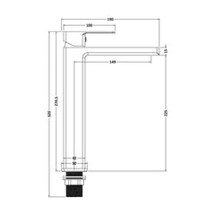 [BTC370] Milldale Contemporary Square Tall High Rise Mono Basin Mixer Tap - Choice of Finish - Technical Drawing