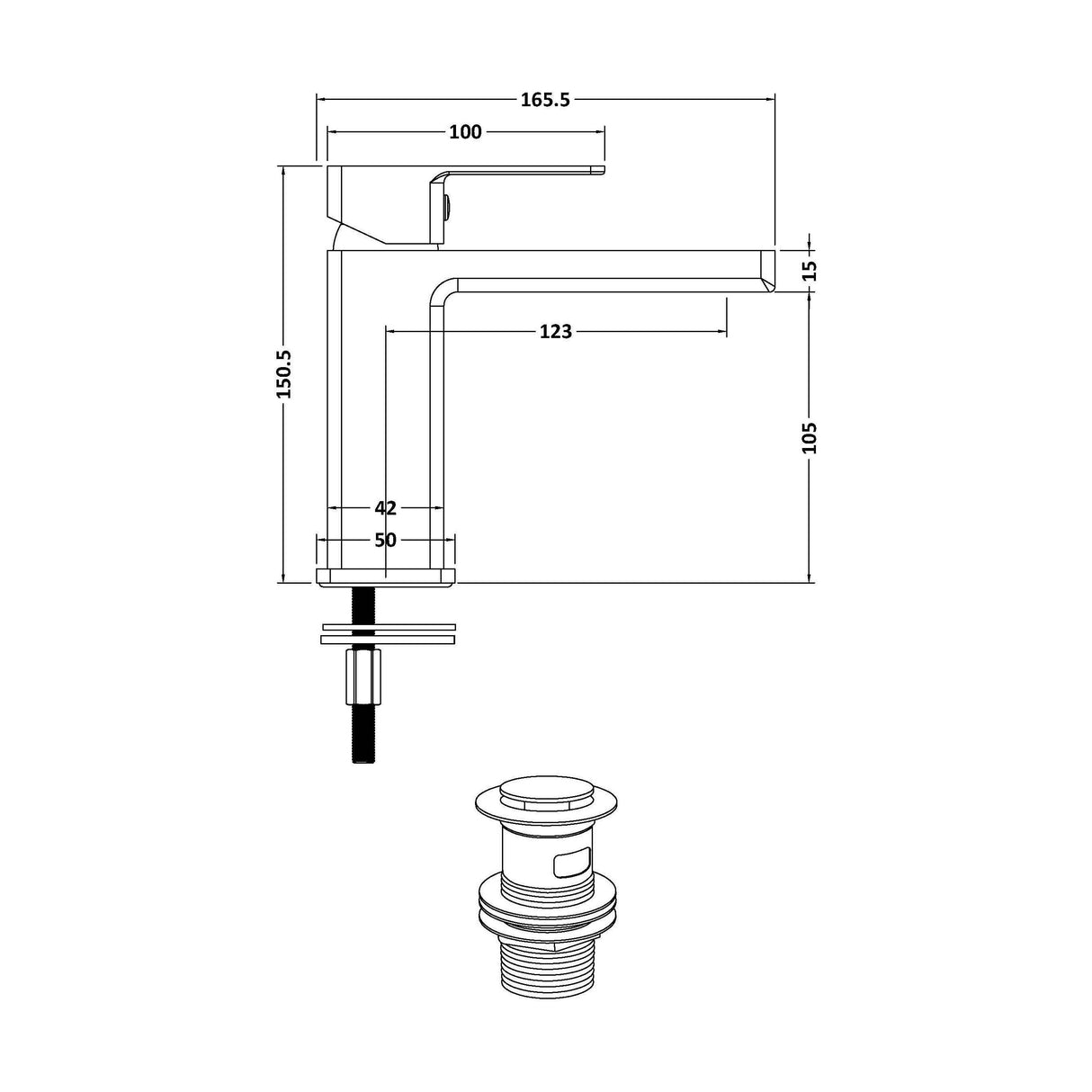 [BTC405] Milldale Contemporary Square Mono Basin Mixer Bathroom Sink Tap with Push Button Waste - Technical Drawing