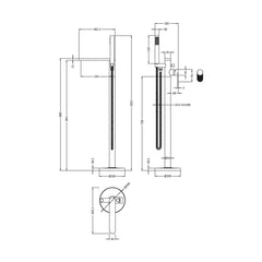 [BTC421F] Modern Freestanding Round Bath Shower Mixer Tap with Fluted Lever Handle and Kit - Matt Black - Technical Drawing