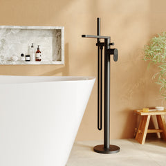 [BTC421F] Modern Freestanding Round Bath Shower Mixer Tap with Fluted Lever Handle and Kit - Matt Black - Lifestyle 1