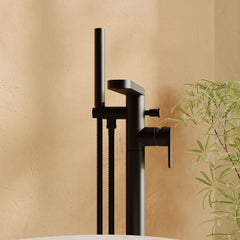 [BTC421F] Modern Freestanding Round Bath Shower Mixer Tap with Fluted Lever Handle and Kit - Matt Black - Lifestyle 2