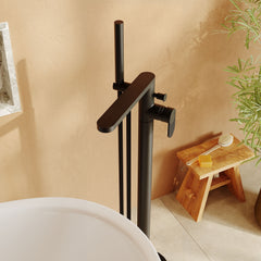 [BTC421F] Modern Freestanding Round Bath Shower Mixer Tap with Fluted Lever Handle and Kit - Matt Black - Lifestyle 3