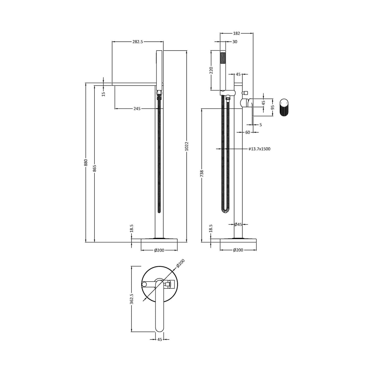 [BTC721F] Modern Freestanding Round Bath Shower Mixer Tap with Fluted Lever Handle and Kit - Brushed Pewter - Technical Drawing