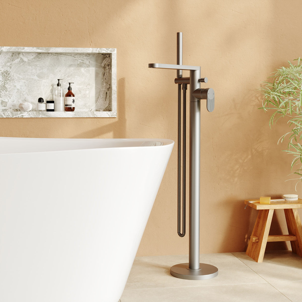 [BTC721F] Modern Freestanding Round Bath Shower Mixer Tap with Fluted Lever Handle and Kit - Brushed Pewter - Lifestyle 1