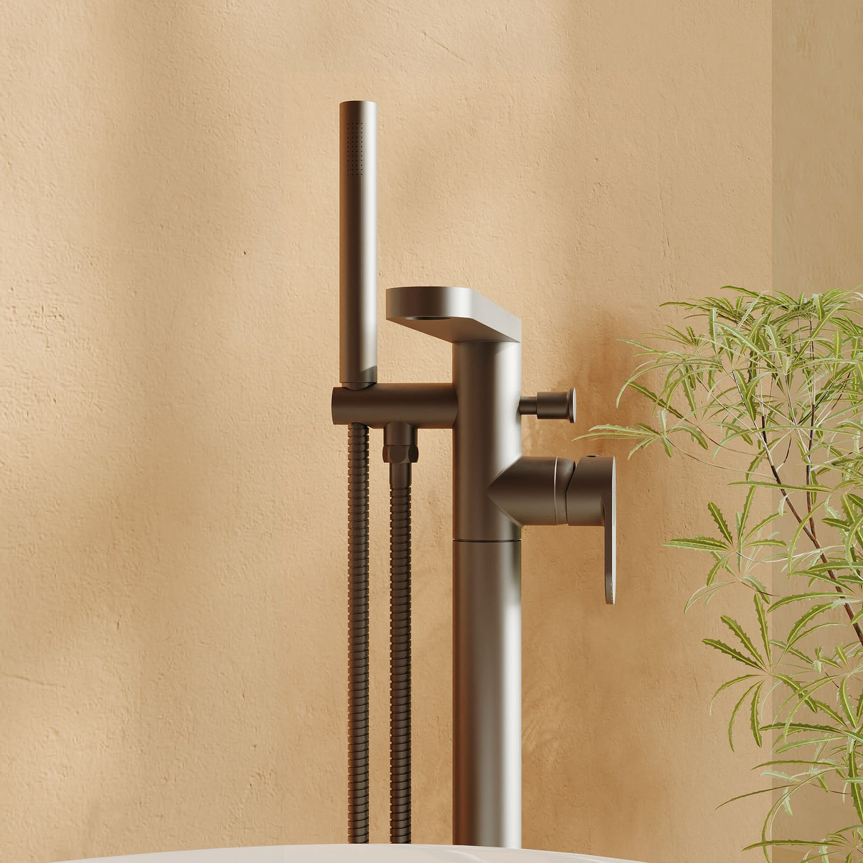 [BTC721F] Modern Freestanding Round Bath Shower Mixer Tap with Fluted Lever Handle and Kit - Brushed Pewter - Lifestyle 2