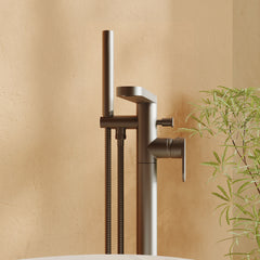 [BTC721F] Modern Freestanding Round Bath Shower Mixer Tap with Fluted Lever Handle and Kit - Brushed Pewter - Lifestyle 2