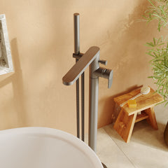 [BTC721F] Modern Freestanding Round Bath Shower Mixer Tap with Fluted Lever Handle and Kit - Brushed Pewter - Lifestyle 3