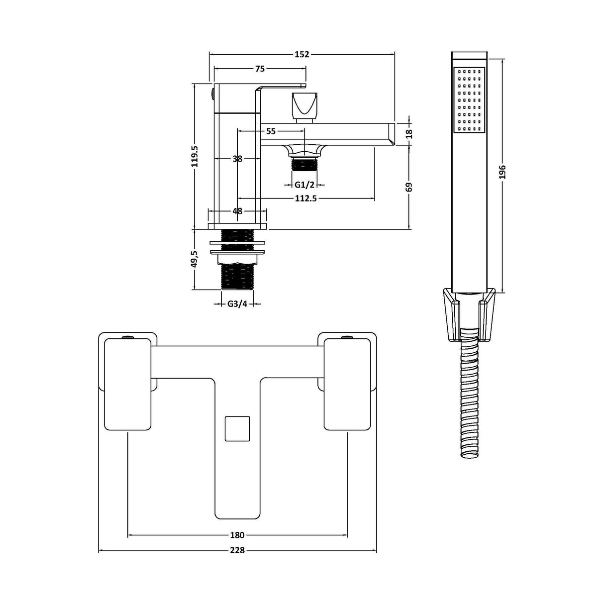 [BTC804] Milldale Square Deck Mounted Dual Lever Bath Shower Mixer Tap with Kit - Choice of Finish - Technical Drawing