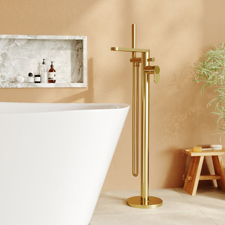 [BTC821F] Balterley Modern Freestanding Round Bath Shower Mixer Tap with Fluted Lever Handle and Shower Kit - Brushed Brass Finish - Lifestyle 1