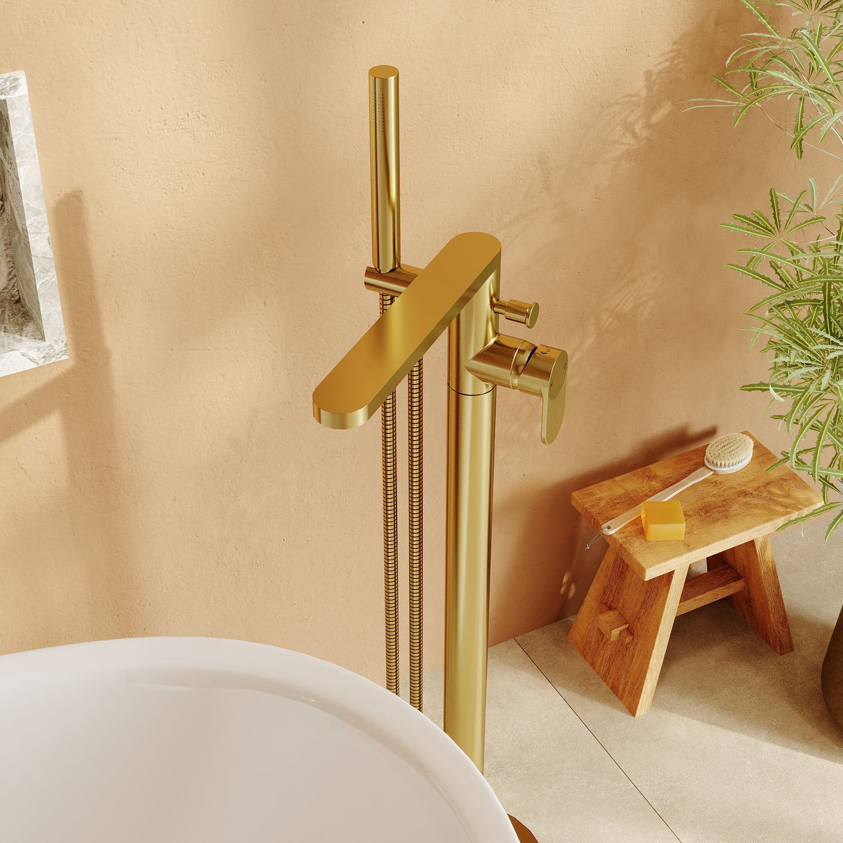 [BTC821F] Balterley Modern Freestanding Round Bath Shower Mixer Tap with Fluted Lever Handle and Shower Kit - Brushed Brass Finish - Lifestyle 3