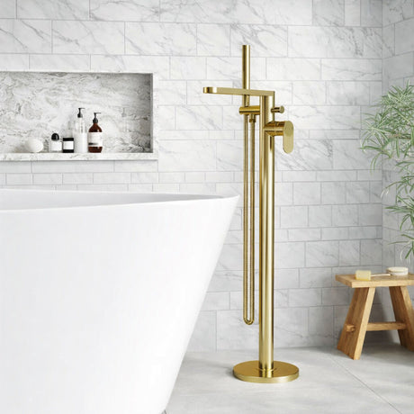 [BTC821F] Modern Freestanding Round Bath Shower Mixer Tap with Fluted Lever Handle and Kit - Choice of Colour - Silo