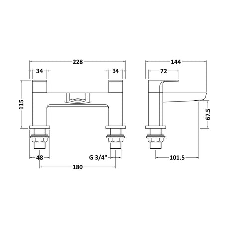 [BTCL303] Balterley Contemporary Soft Square Dual Lever Deck Mounted Bath Filler Tap with 1/4 Turn Ceramic Disc, 136 x 230 x 147mm, Chrome - Technical Drawing