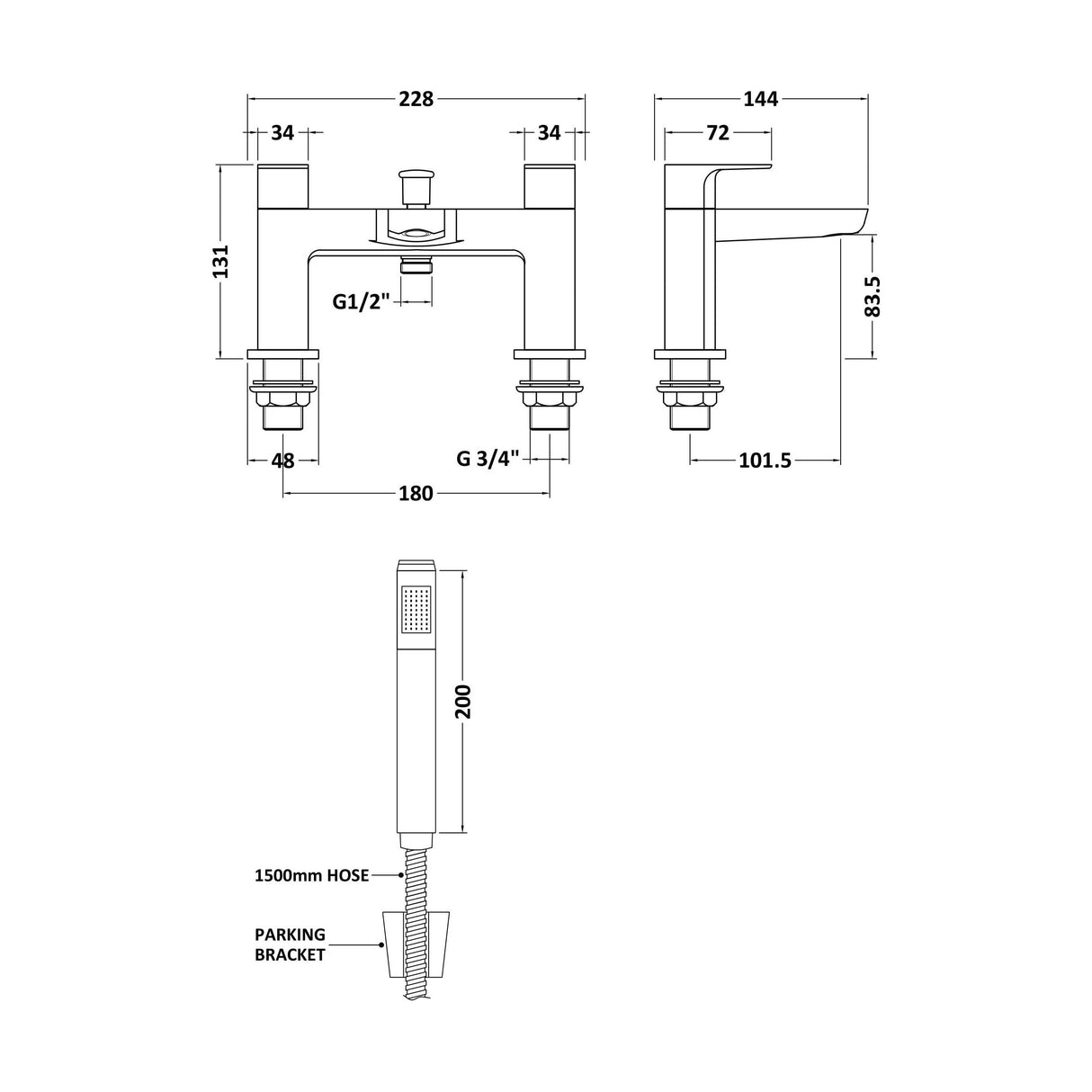 [BTCL304] Balterley Contemporary Square Dual Lever Deck Mounted Bath Shower Mixer Tap with 1/4 Turn Ceramic Disc, 136 × 230 × 147mm, Chrome - Technical Drawing