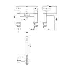 [BTCL304] Balterley Contemporary Square Dual Lever Deck Mounted Bath Shower Mixer Tap with 1/4 Turn Ceramic Disc, 136 × 230 × 147mm, Chrome - Technical Drawing