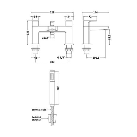 [BTCL304] Balterley Contemporary Square Dual Lever Deck Mounted Bath Shower Mixer Tap with 1/4 Turn Ceramic Disc, 136 × 230 × 147mm, Chrome - Technical Drawing