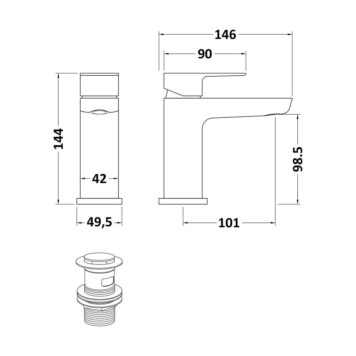 [BTCL305] Balterley Contemporary Soft Square Single Lever Deck Mounted Mono Basin Mixer Tap with Push Button Waste, 160 x 50 x 152mm, Chrome - Technical Drawing