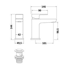 [BTCL305] Balterley Contemporary Soft Square Single Lever Deck Mounted Mono Basin Mixer Tap with Push Button Waste, 160 x 50 x 152mm, Chrome - Technical Drawing