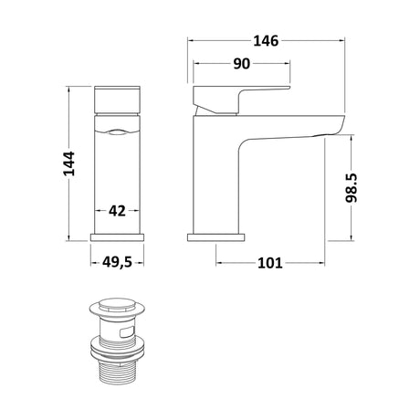 [BTCL305] Balterley Contemporary Soft Square Single Lever Deck Mounted Mono Basin Mixer Tap with Push Button Waste, 160 x 50 x 152mm, Chrome - Technical Drawing