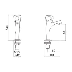 [BTCLU02] Contemporary Bathroom Bath Tap – Square Lever, 180 x 132mm, Black - Technical Drawing