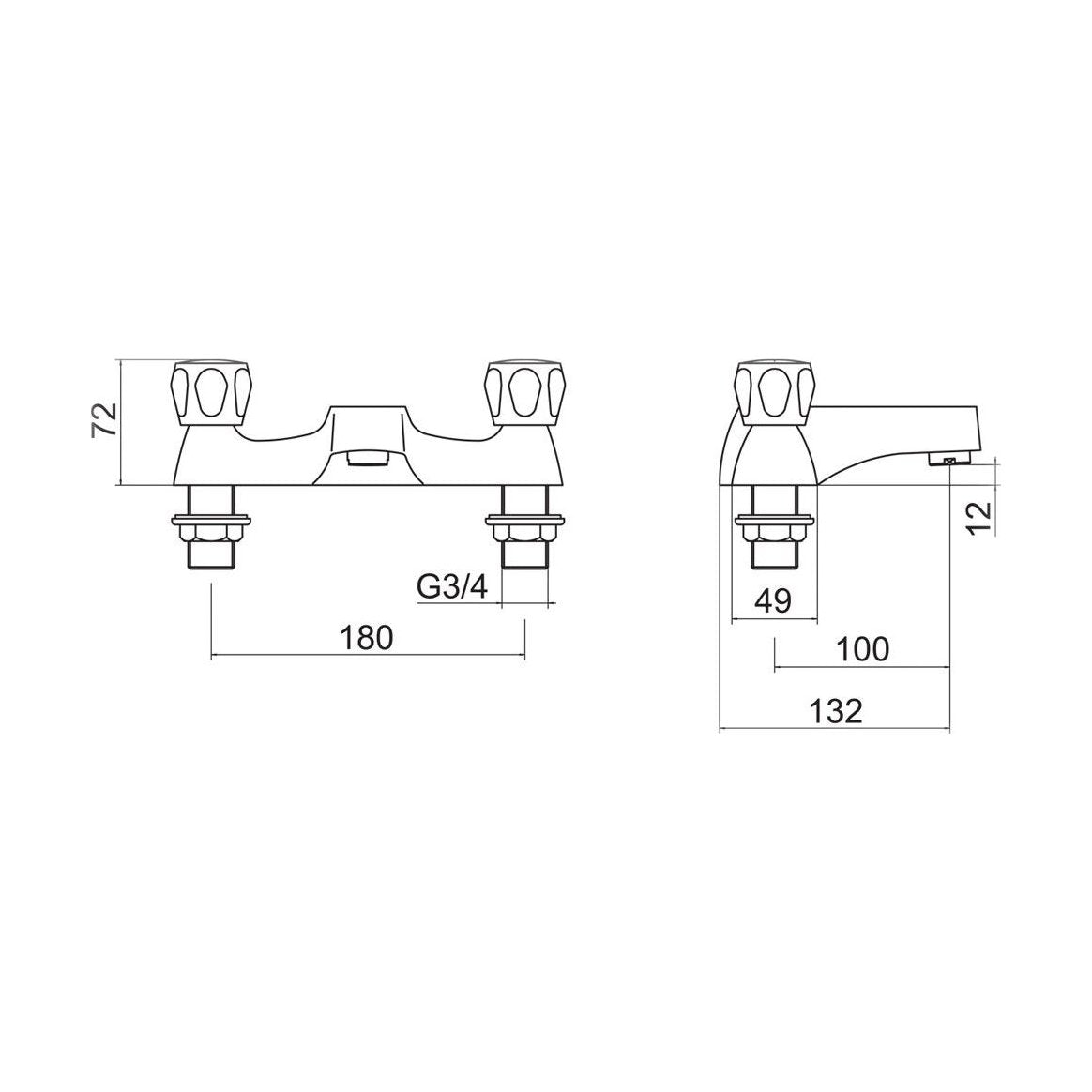 [BTCLU05] Contemporary Bathroom Bath Filler Tap – Knob Handles, 110 x 154mm, Chrome - Technical Drawing