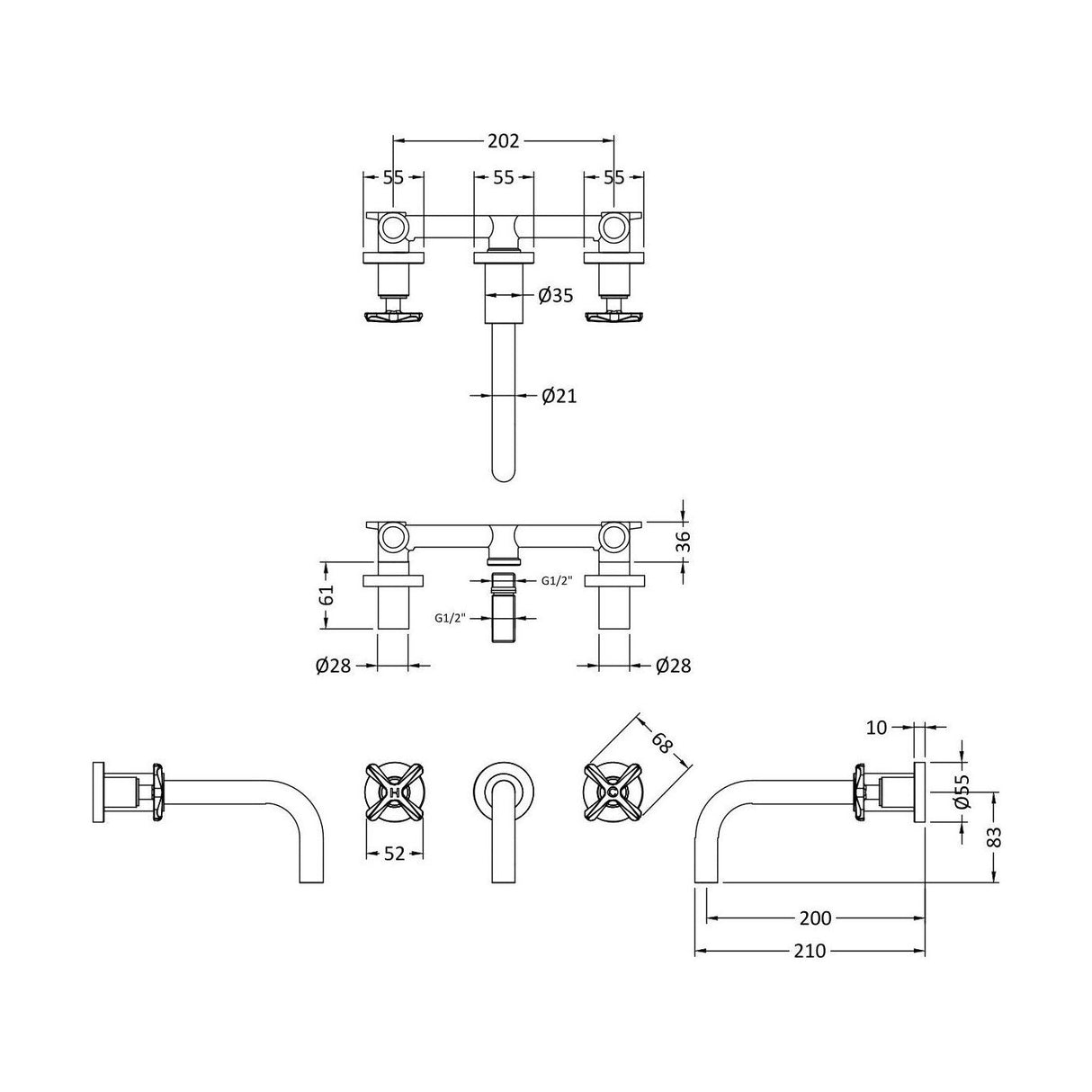[BTCN317X] Levedale Wall Mount 3 Tap Hole Basin Mixer Tap with Crosshead Handles - Choice of Finish - Technical Drawing
