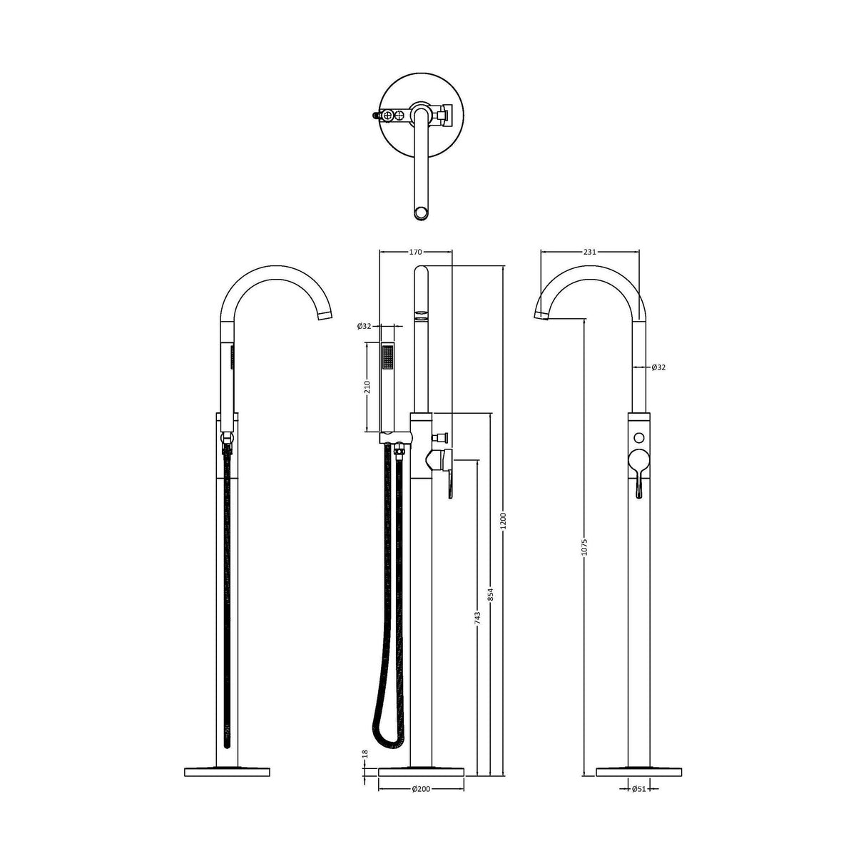 [BTCN321X] Levedale Floor Standing Bath Shower Mixer Tap with Shower Kit - Choice of Colour - Technical Drawing