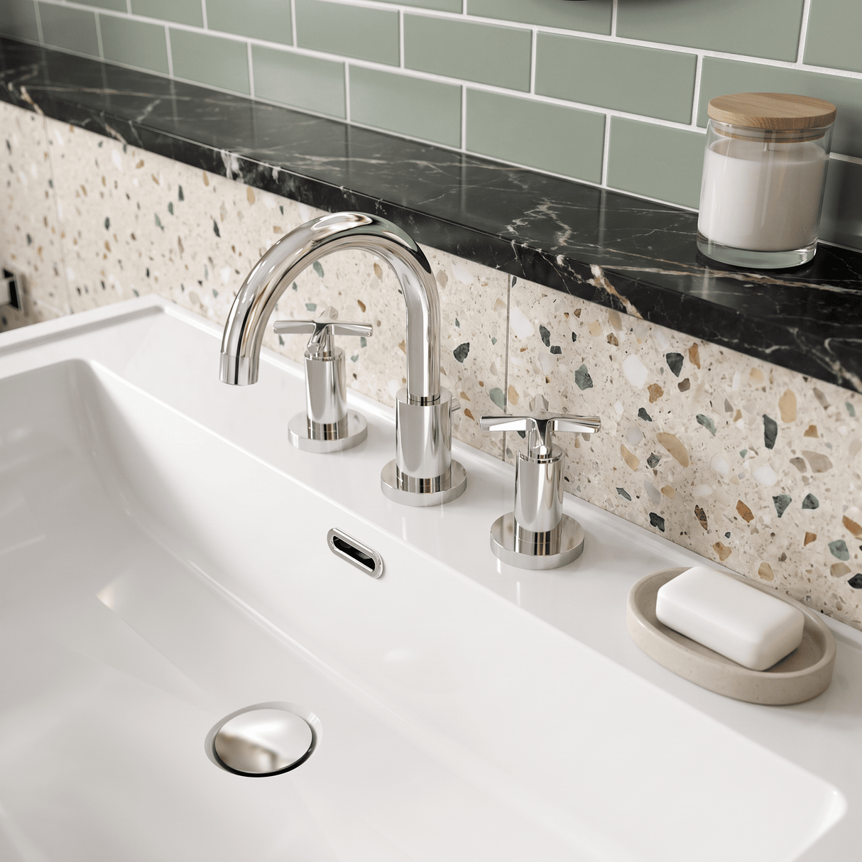 [BTCN337X] Levedale Crosshead Handle Deck Mounted 3 Tap Hole Basin Mixer Tap, 190 x 130 x 175mm, Chrome - Lifestyle 1