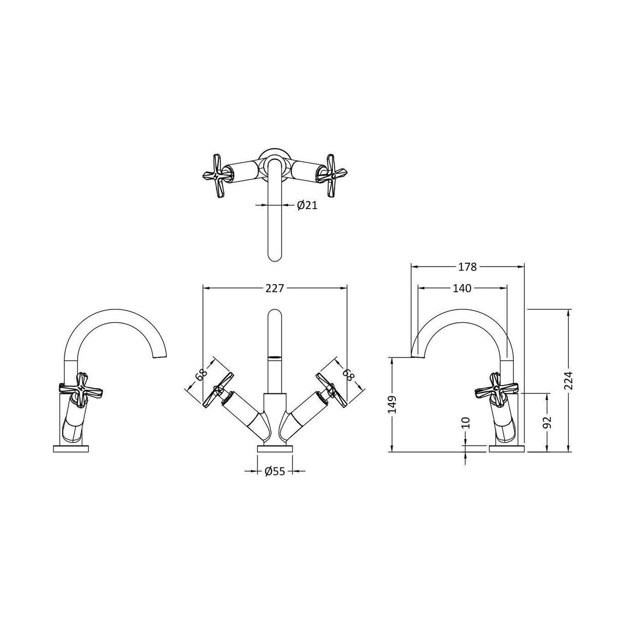 [BTCN415X] Levedale Mono Basin Mixer Tap with Crosshead Handles and Waste - Choice of Finish - Technical Drawing