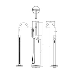 [BTCN421X] Levedale Floor Standing Bath Shower Mixer Tap with Shower Kit - Choice of Colour - Technical Drawing