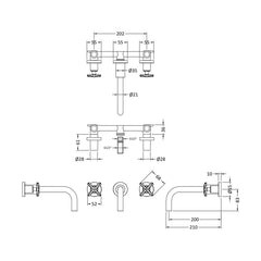 [BTCN817X] Levedale Wall Mount 3 Tap Hole Basin Mixer Tap with Crosshead Handles - Choice of Finish - Technical Drawing