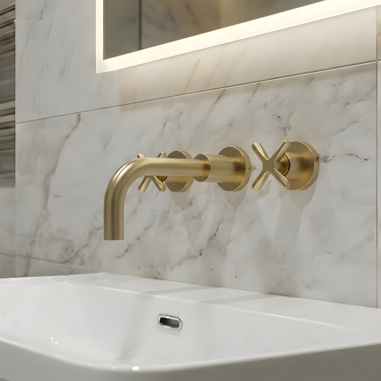 [BTCN817X] Levedale Wall Mount 3 Tap Hole Basin Mixer Tap with Crosshead Handles - Choice of Finish - Silo