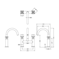[BTCN853X] Levedale Deck Mounted Bath Filler Tap with Crosshead Handles - Choice of Finish - Technical Drawing