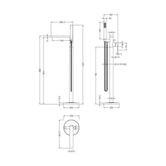 [BTCU1521] Enville Modern Freestanding Round Bath Shower Mixer Tap with Lever Handle and Kit - Choice of Colour - Technical Drawing