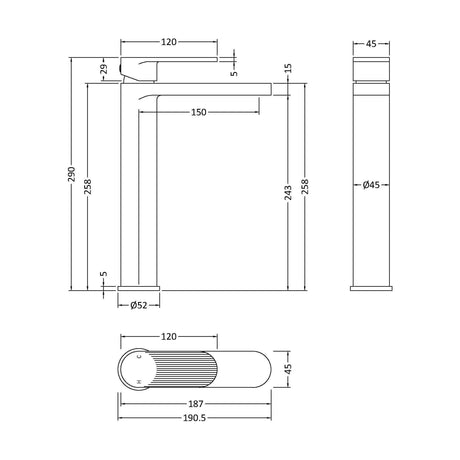 [BTCU1570F] Fluted High Rise Mono Basin Mixer - Technical Drawing