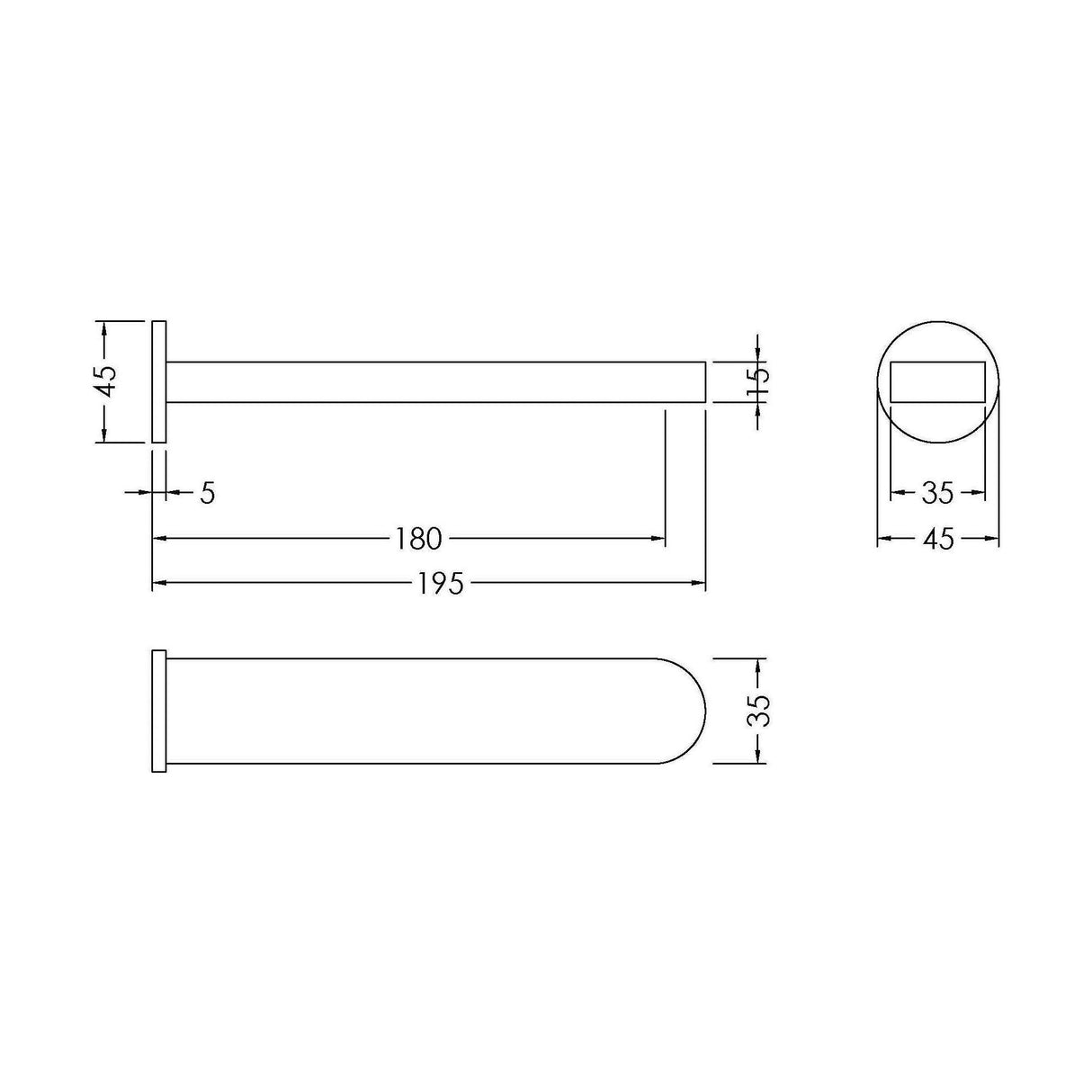 [BTCU300] Balterley Current Modern Round Wall Mounted Bath Spout with Smooth Water Flow Design - Polished Chrome Finish - Technical Drawing