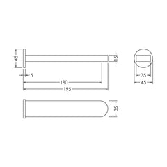 [BTCU300] Balterley Current Modern Round Wall Mounted Bath Spout with Smooth Water Flow Design - Polished Chrome Finish - Technical Drawing