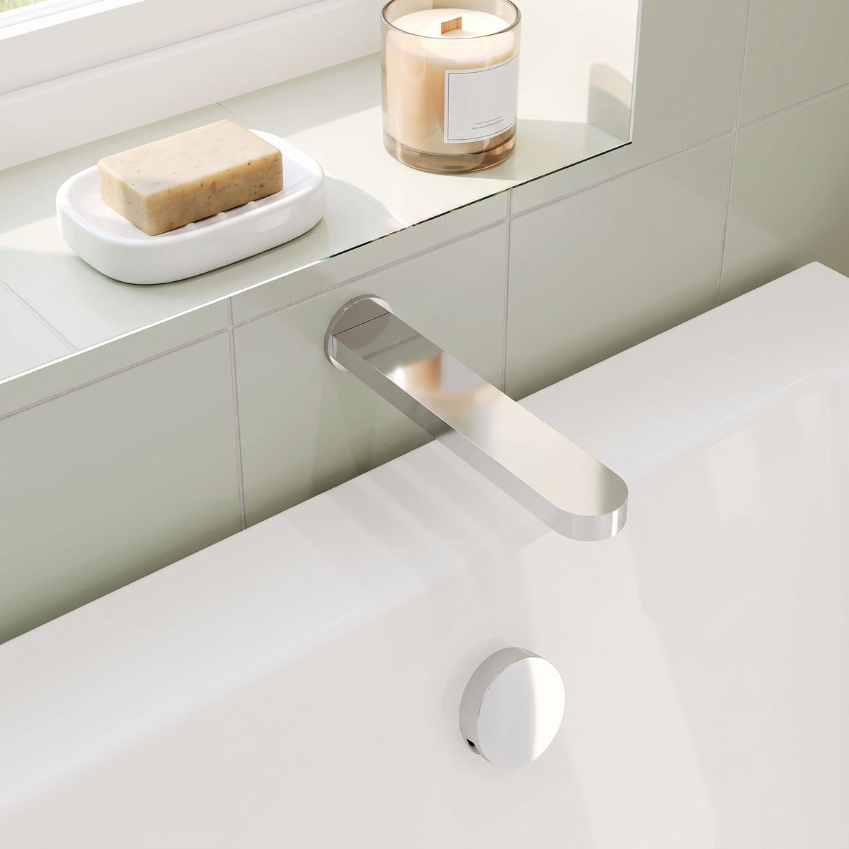 [BTCU300] Balterley Current Modern Round Wall Mounted Bath Spout with Smooth Water Flow Design - Polished Chrome Finish - Lifestyle 2
