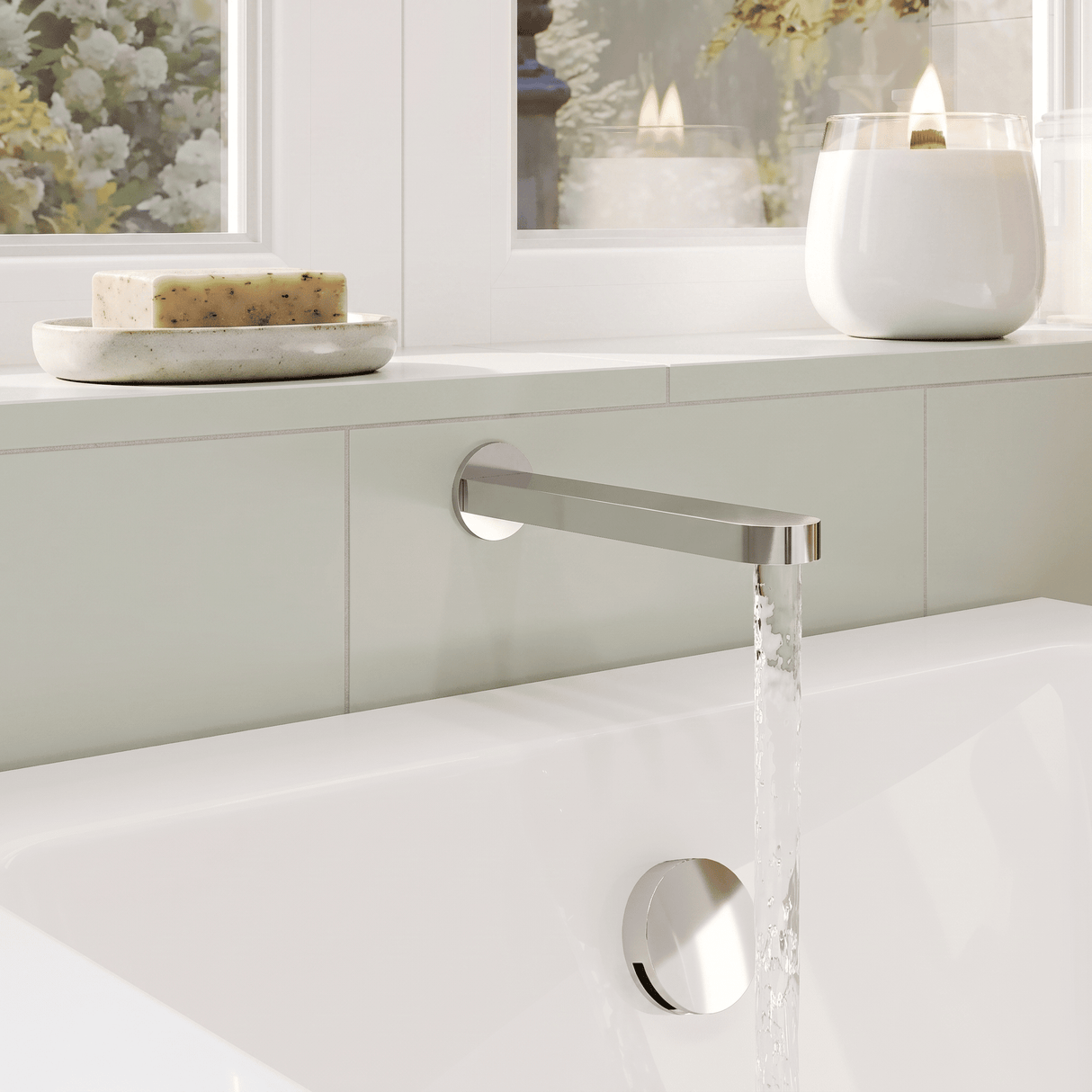 [BTCU300] Balterley Current Modern Round Wall Mounted Bath Spout with Smooth Water Flow Design - Polished Chrome Finish - Lifestyle 3