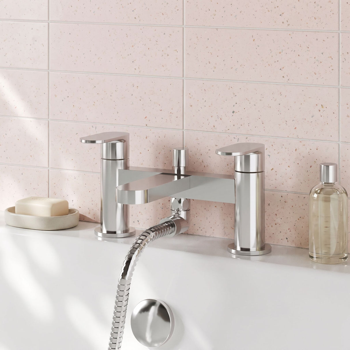 [BTCU304] Balterley Current Modern Deck Mount Round Bath Shower Mixer Tap with Shower Kit, Flat Spout - Polished Chrome Finish - Lifestyle 1