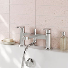 [BTCU304] Balterley Current Modern Deck Mount Round Bath Shower Mixer Tap with Shower Kit, Flat Spout - Polished Chrome Finish - Lifestyle 1