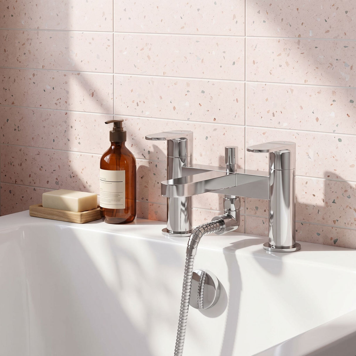 [BTCU304] Balterley Current Modern Deck Mount Round Bath Shower Mixer Tap with Shower Kit, Flat Spout - Polished Chrome Finish - Lifestyle 2