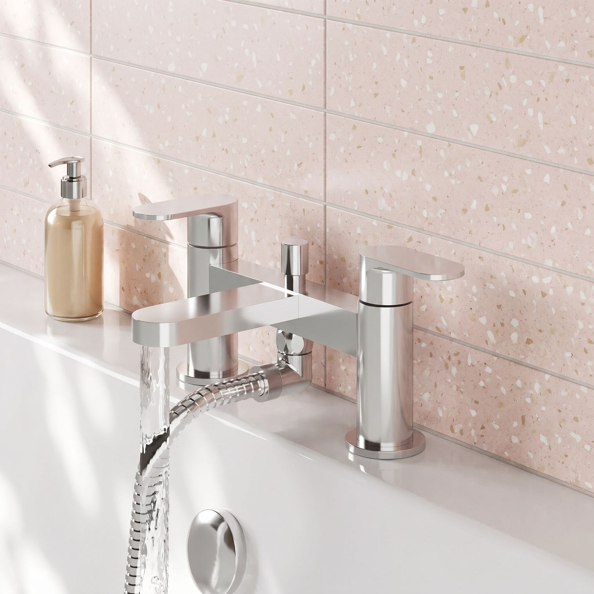 [BTCU304] Balterley Current Modern Deck Mount Round Bath Shower Mixer Tap with Shower Kit, Flat Spout - Polished Chrome Finish - Lifestyle 3