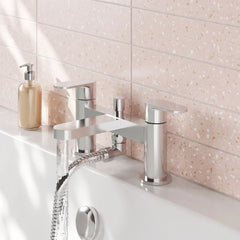 [BTCU304] Balterley Current Modern Deck Mount Round Bath Shower Mixer Tap with Shower Kit, Flat Spout - Polished Chrome Finish - Lifestyle 3