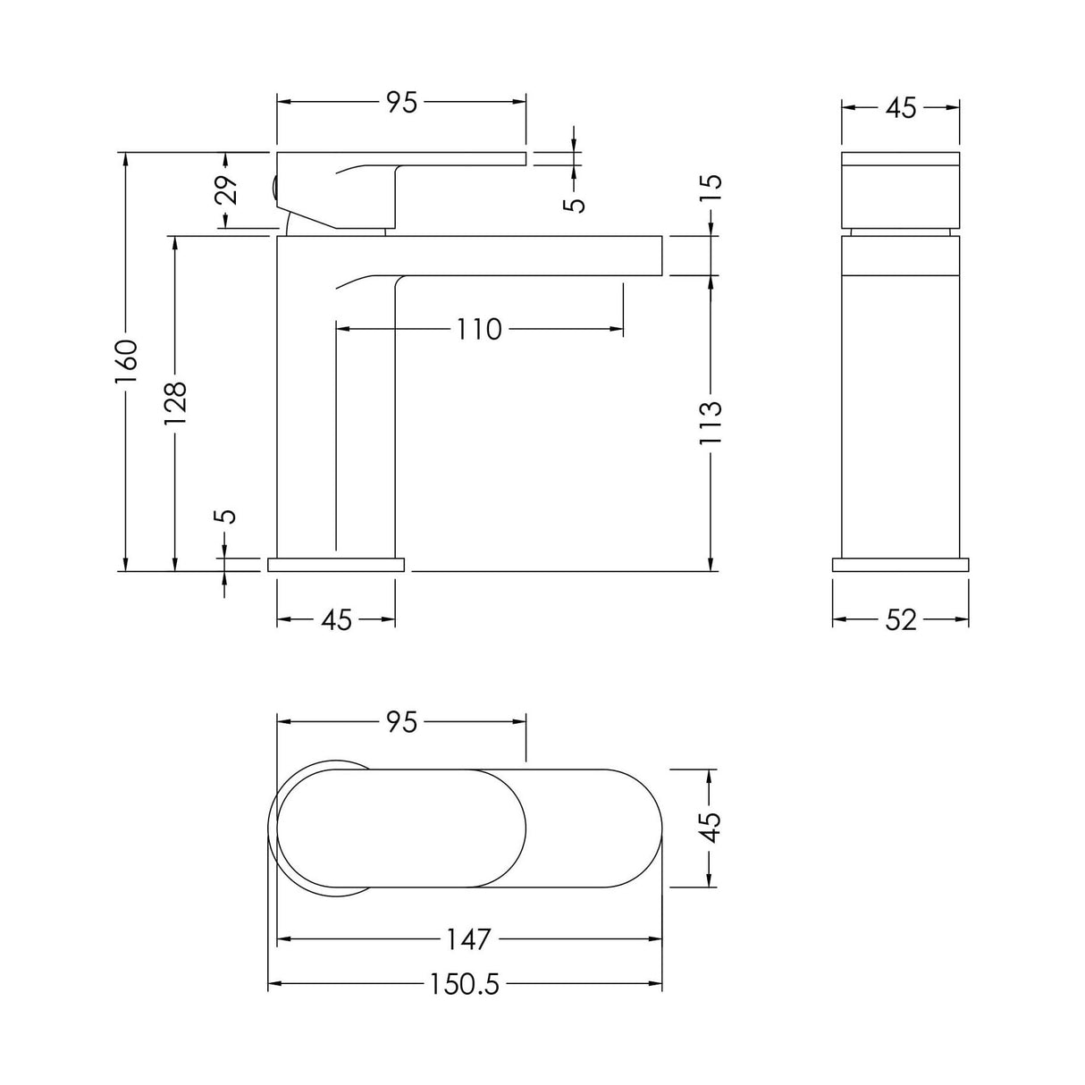 [BTCU305] Enville Bathroom Mono Basin Sink Mixer Tap - Choice of Finish - Technical Drawing