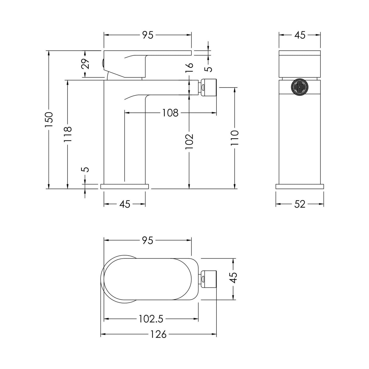 [BTCU306] Balterley Current Modern Round Mono Bidet Mixer Tap with Pop-Up Waste & Flat Spout - Polished Chrome Finish - Technical Drawing