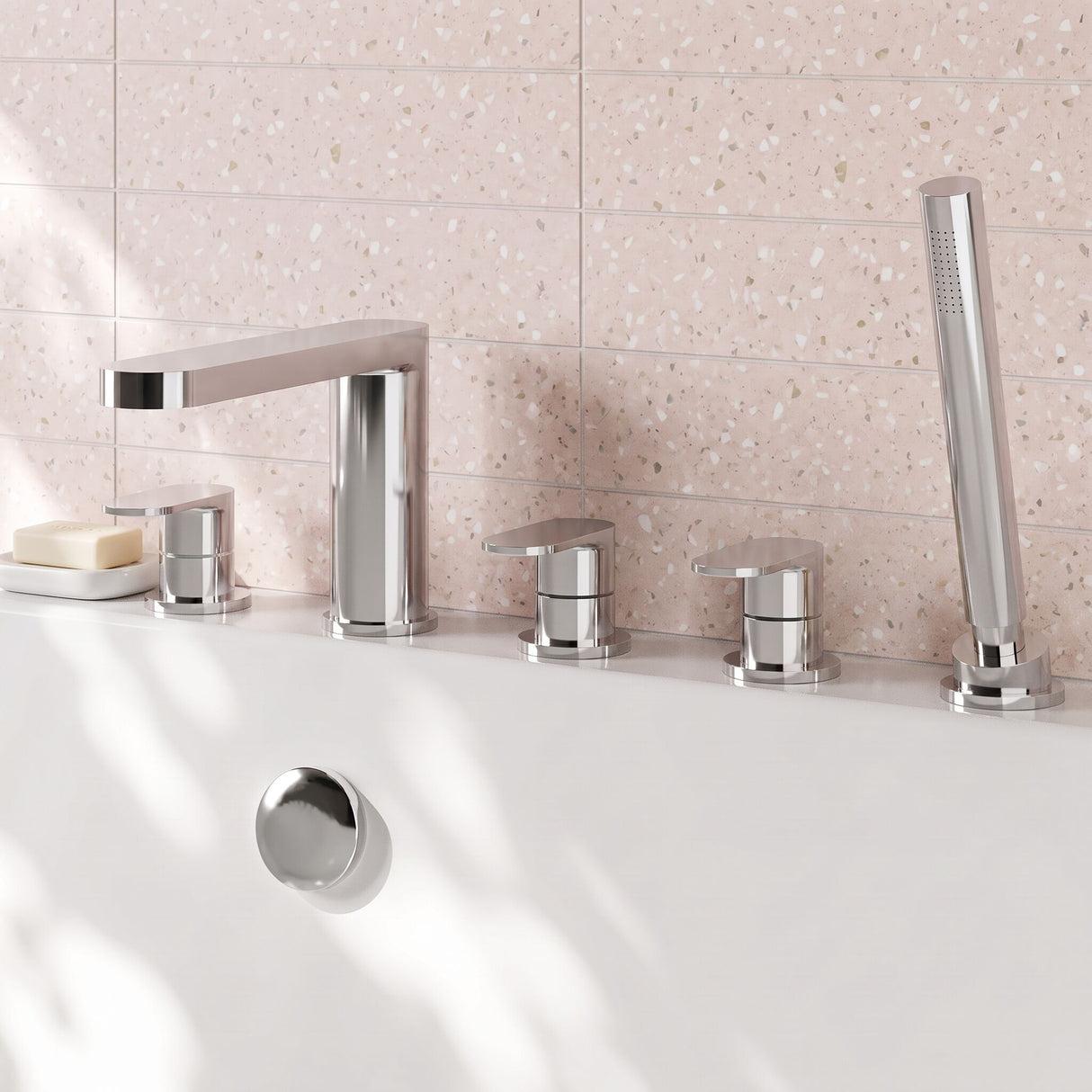 [BTCU314] Balterley Current Deck Mounted Round 5 Tap Hole Bath Shower Mixer Tap with Diverter, Spout & Shower Kit - Chrome Finish - Lifestyle 1