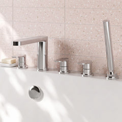 [BTCU314] Balterley Current Deck Mounted Round 5 Tap Hole Bath Shower Mixer Tap with Diverter, Spout & Shower Kit - Chrome Finish - Lifestyle 1