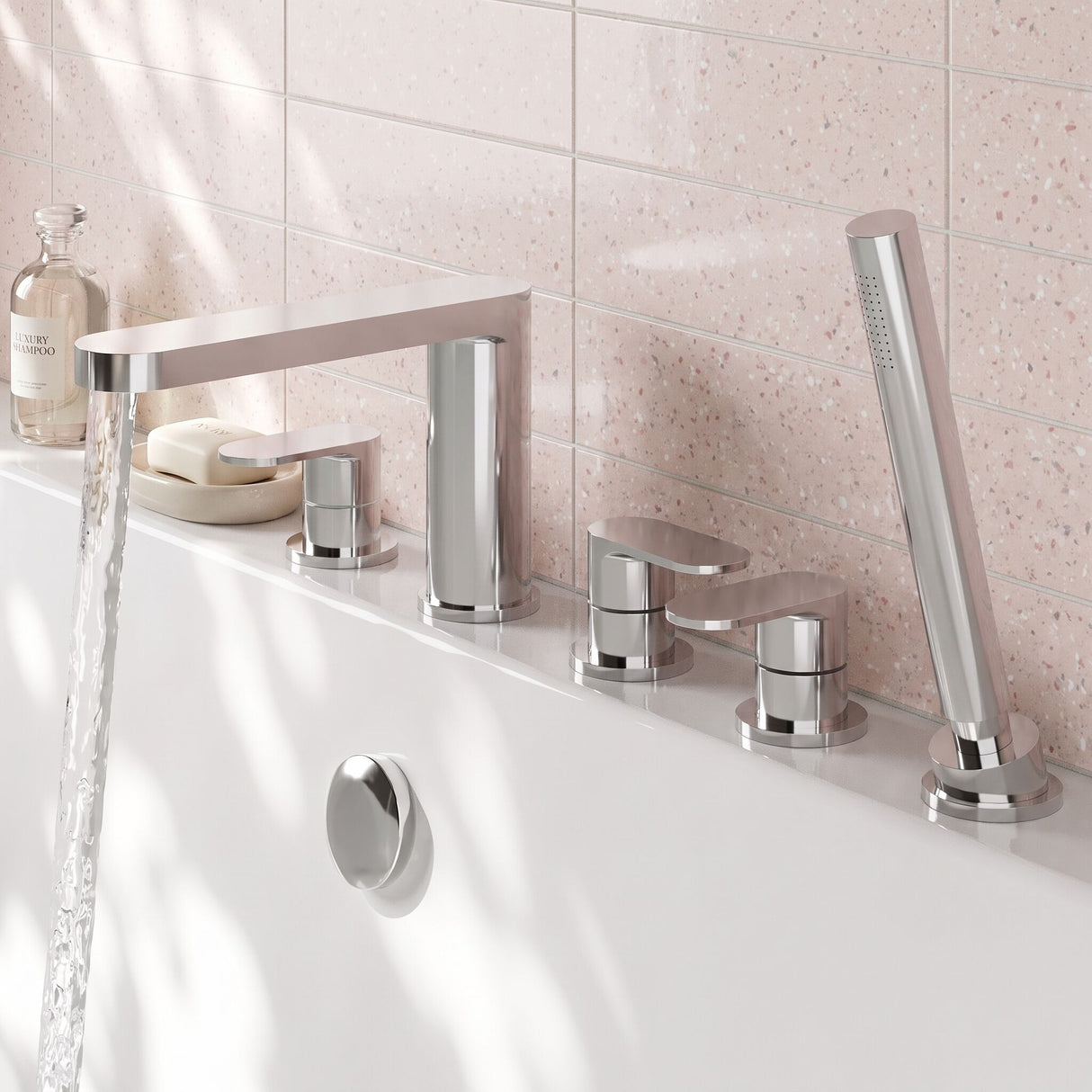 [BTCU314] Balterley Current Deck Mounted Round 5 Tap Hole Bath Shower Mixer Tap with Diverter, Spout & Shower Kit - Chrome Finish - Lifestyle 3