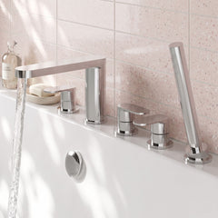 [BTCU314] Balterley Current Deck Mounted Round 5 Tap Hole Bath Shower Mixer Tap with Diverter, Spout & Shower Kit - Chrome Finish - Lifestyle 3
